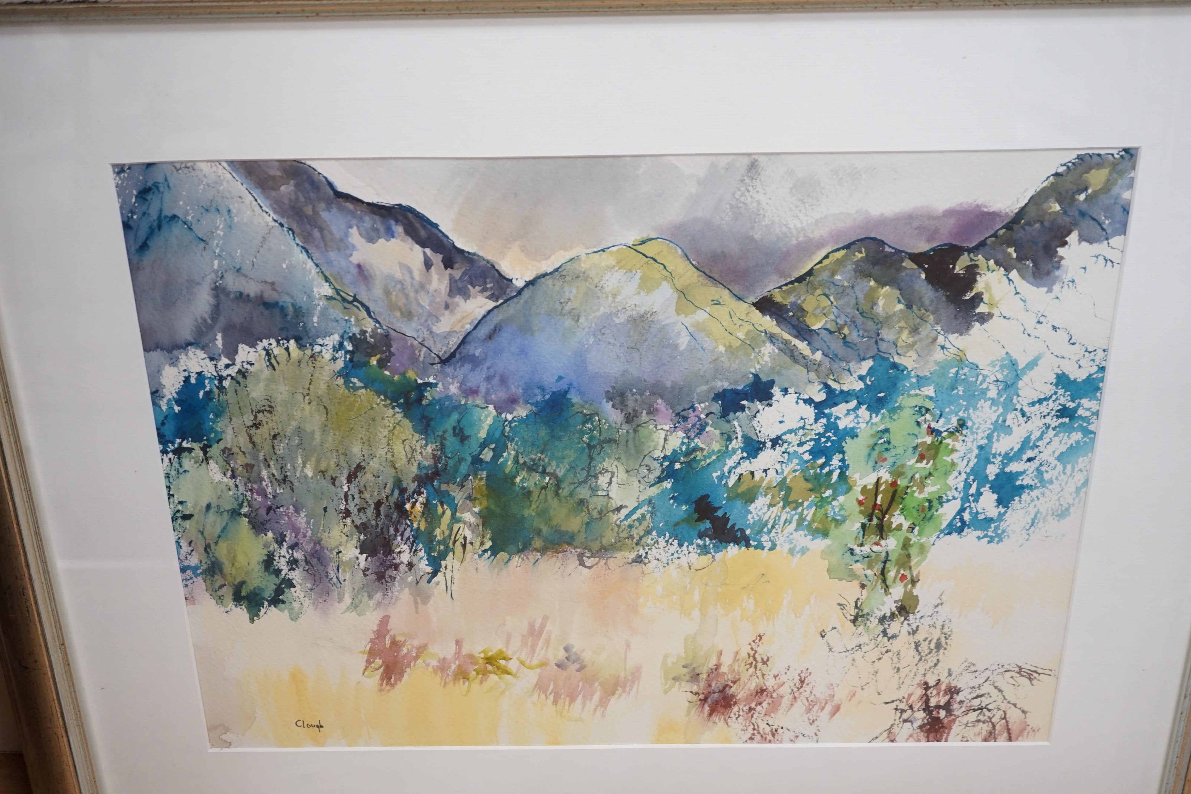 Pauline Clough (contemporary), two watercolours, Mountainous landscapes, each signed, largest 39 x 45cm. Condition - good